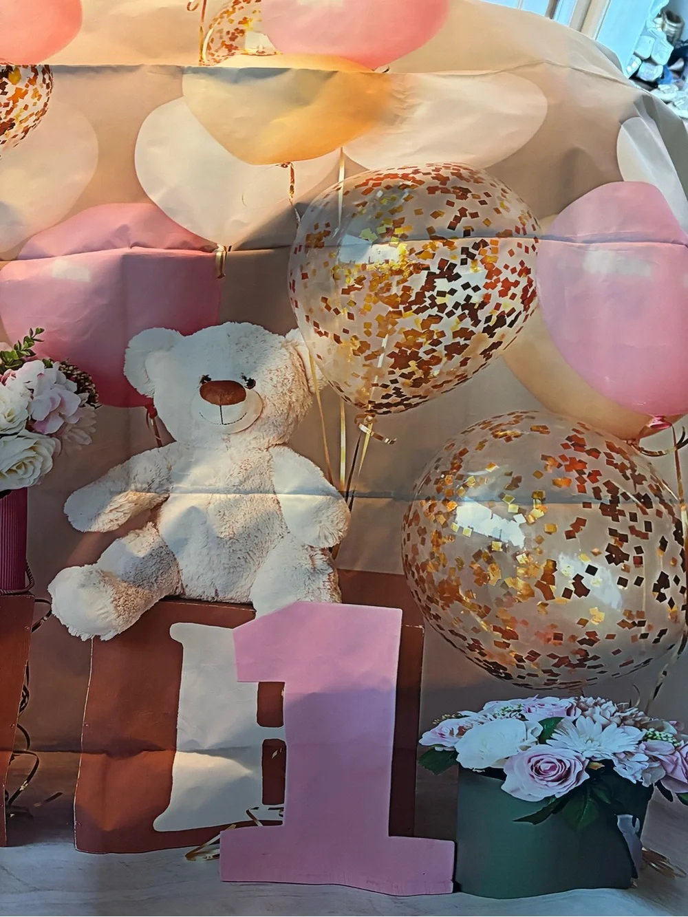 1st Birthday Girl Pink Party Napkins and Sash Set with photo backdrop and banner